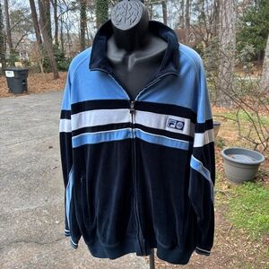 FILA Men’s Velour Track Jacket Full Zip Blue Black White Retro Style